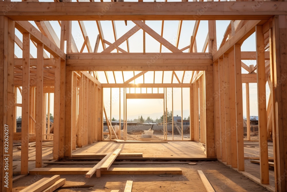 Fototapeta premium A house under construction with a lot of wood and a lot of sunlight coming in