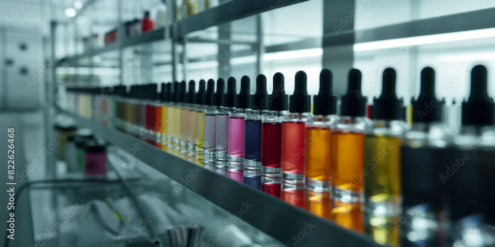 A banner of colorful dropper bottles moving on a production line in a factory setting, themes of pharmaceutical laboratory and A banner of colorful dropper bottles moving on a production line in a factory setting, themes of pharmaceutical laboratory and