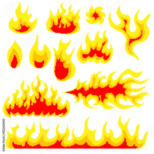 Nuclear explosion. Pixel art 8 bit fire objects. Mushroom cloud. Game icons set. Comic large boom flame effects. Bang burst explode dynamite. Lit match and bonfire. Digital icons. Vector illustration.