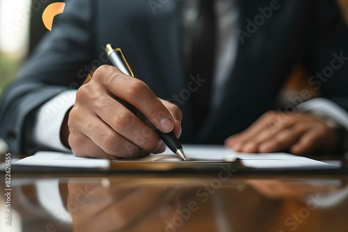 Person writing paper pen table busy office photo