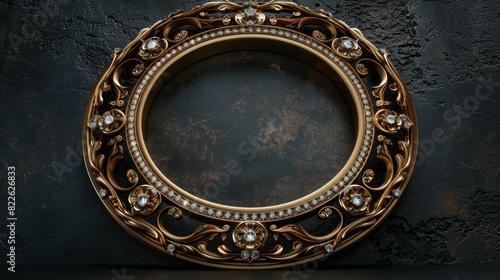 A gold and diamond framed oval sits on a black background