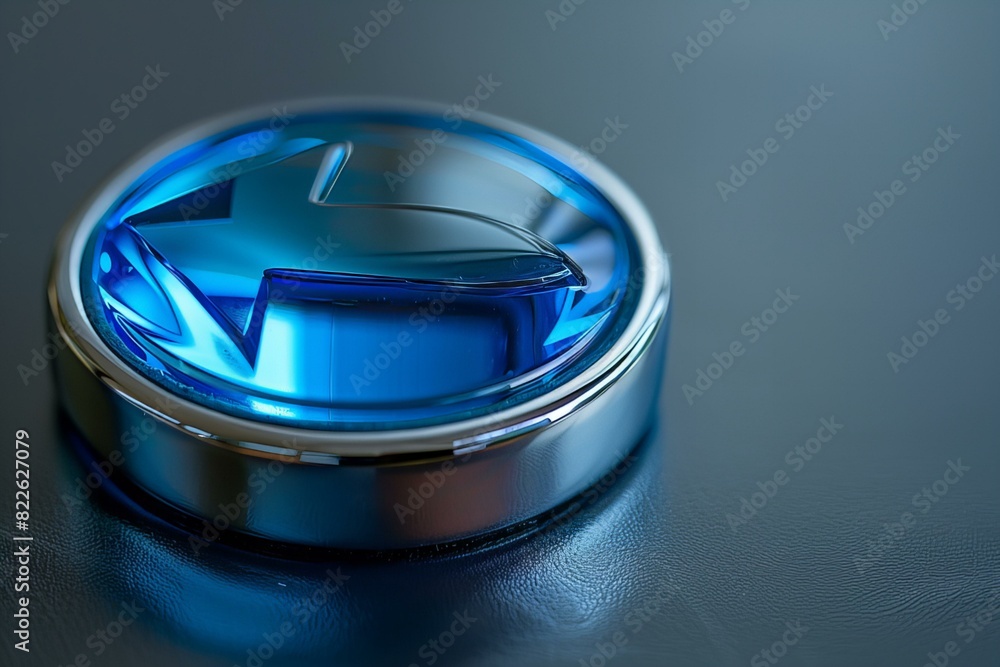 Blue button on black surface with silver base Blue button on black surface with silver base