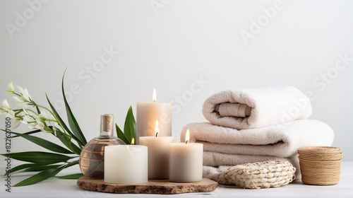 A table with candles  a bottle of oil  and a bunch of white towels