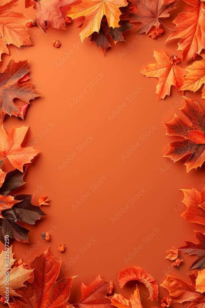 Autumn leaves on orange background, top view with ample space for text placement Autumn leaves on orange background, top view with ample space for text placement