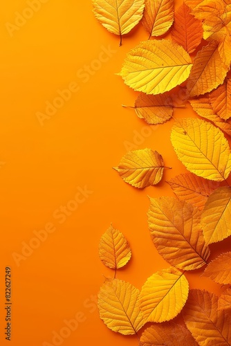 Autumn leaves on orange background top view with abundant space for creative text placement
