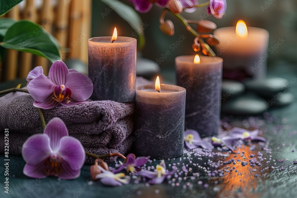 Flowers and candles on table with towels Flowers and candles on table with towels