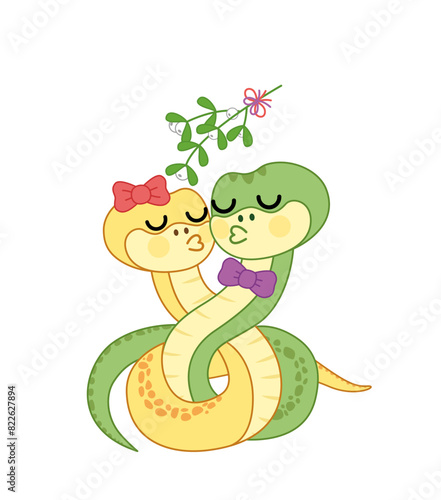 Two snakes are kissing under branch of mistletoe. Christmas eve. Cartoon, vector