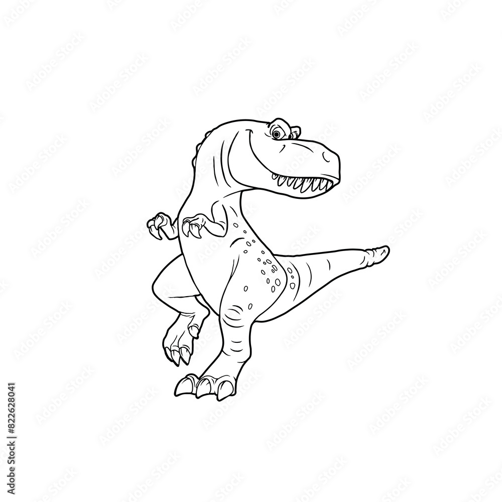 Fototapeta premium Black and white dinosaur in children's style on a white background, angry, toothy, predatory.
