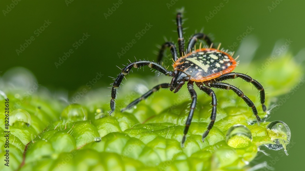 Close up of adult female deer tick transmitting lyme disease, borreliosis bacterial infection Close up of adult female deer tick transmitting lyme disease, borreliosis bacterial infection
