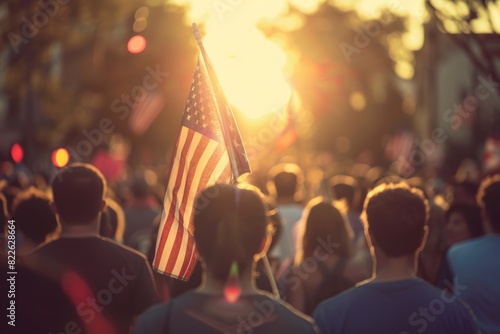 A crowd of people are gathered around a flag