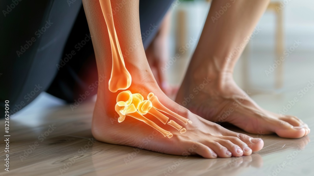 A person's foot is shown with a bone and a red outline, acute pain zone concept A person's foot is shown with a bone and a red outline, acute pain zone concept
