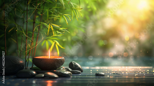 A candle placed on a table with a bamboo tree in the background, creating a serene atmosphere in a zen garden