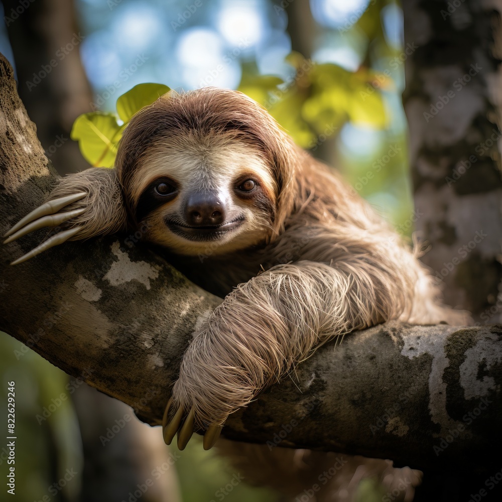 Naklejka premium A brown and white sloth is sitting on a tree branch