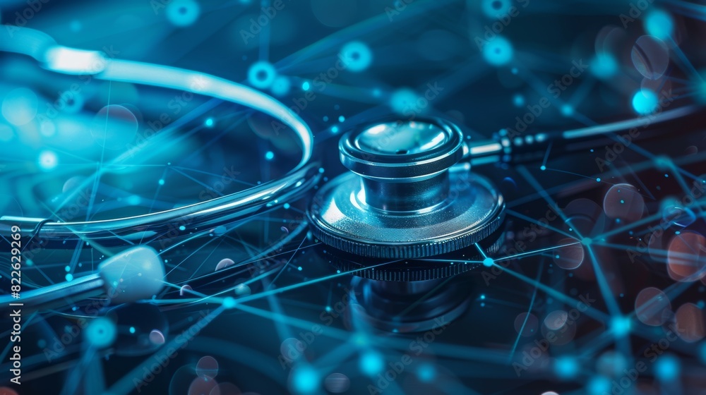 A silver stethoscope is on a blue background A silver stethoscope is on a blue background