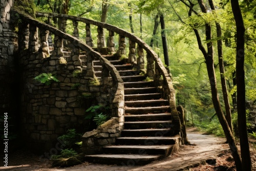 Discover the ancient stone staircase in the enchanted and mystical forest surrounded by lush foliage and greenery. Creating a serene and tranquil trail through the old