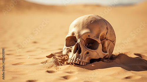 A skull is laying on the sand in a desert