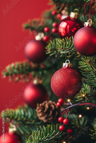 Festive christmas tree and sparkling bokeh lights on red canvas background for merry christmas card