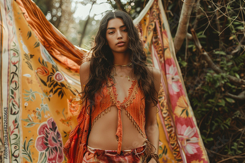 Woman in flowing fabric capturing the essence of bohemian beauty
