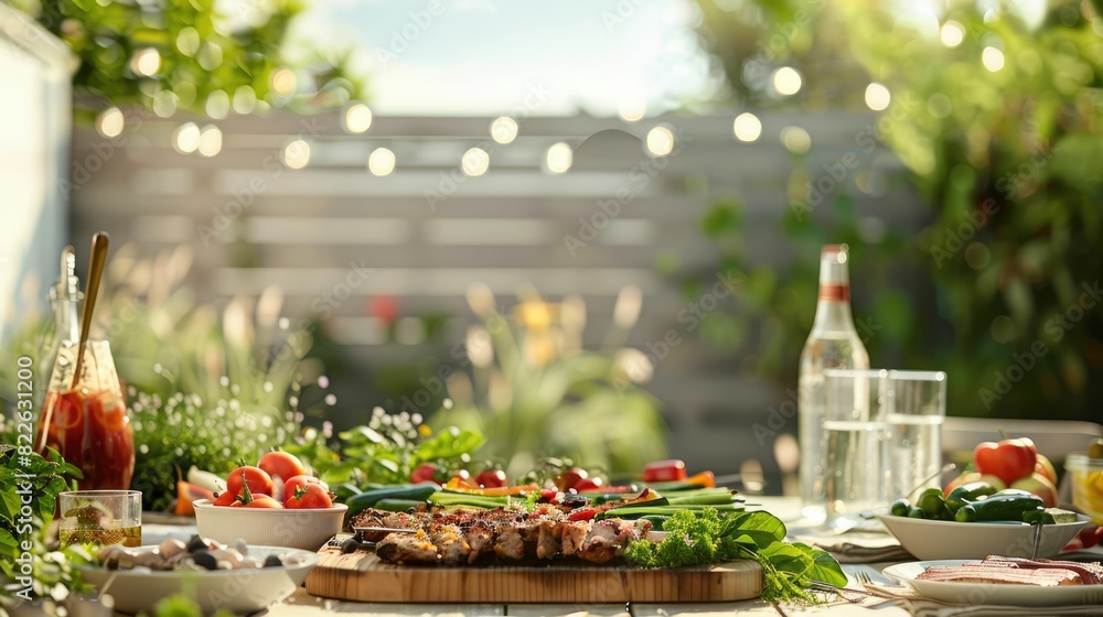 A table set with natural foods, a bottle of wine, and plates of cuisine on a grassy roof overlooking a beautiful natural landscape for an outdoor event AIG50