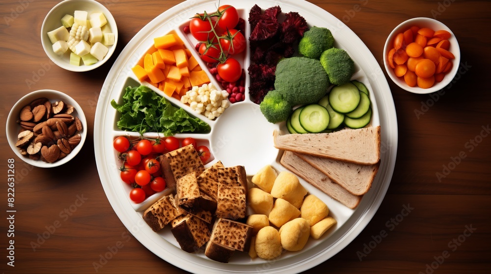 A white plate with a variety of vegetables and bread A white plate with a variety of vegetables and bread