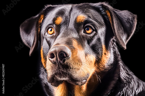 Rottweiler in studio setting against black backdrop, showcasing their playful and charming personalities in professional photoshoot.