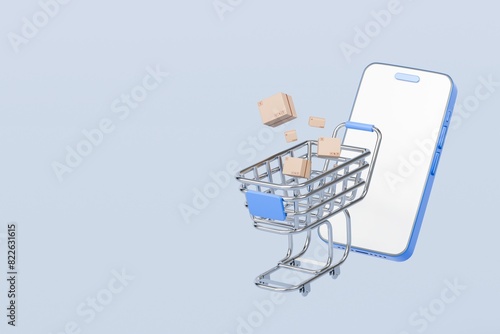 3d Shopping cart with smartphone and cardboard box icon isolated on blue background. Online shopping delivery business e-commerce store and social media application concept. Minimal design. 3D render.
