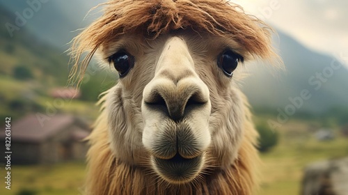 A camel with a long mane and a white face is staring at the camera