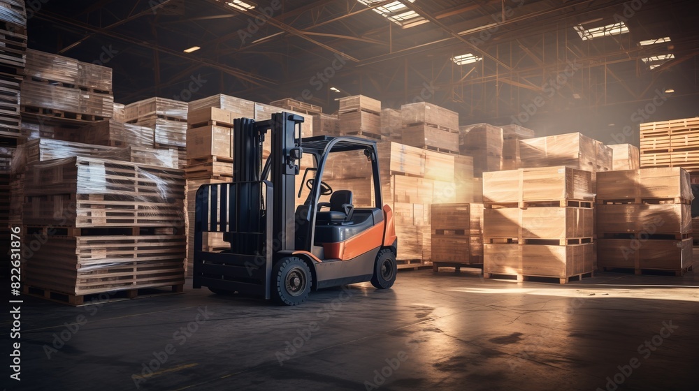 A forklift is parked in a warehouse with stacks of wood pallets