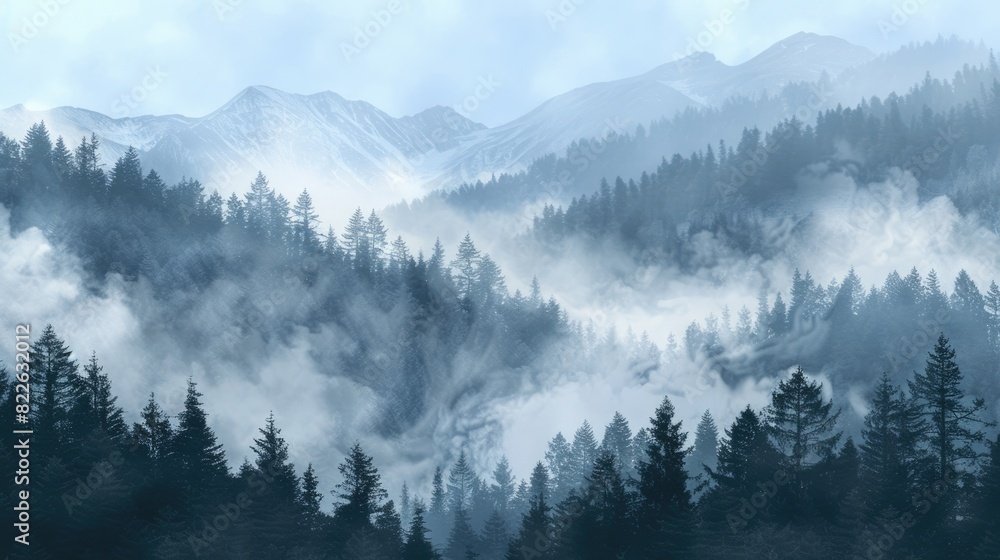 Mountain Mist. Foggy Hilltop Covered in Trees and Clouds Mountain Mist. Foggy Hilltop Covered in Trees and Clouds
