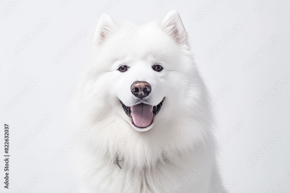 Samoyed in studio setting against white backdrop, showcasing their playful and charming personalities in professional photoshoot. Samoyed in studio setting against white backdrop, showcasing their playful and charming personalities in professional photoshoot.
