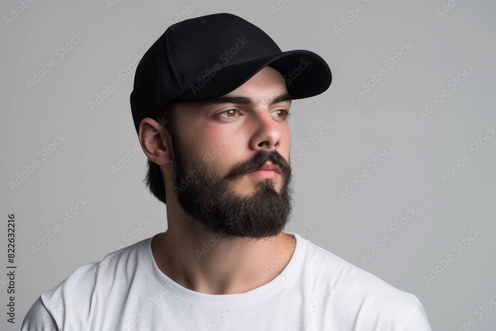 Hat Model. Hipster Male Portrait Wearing Black Baseball Cap in Fashionable Style Hat Model. Hipster Male Portrait Wearing Black Baseball Cap in Fashionable Style