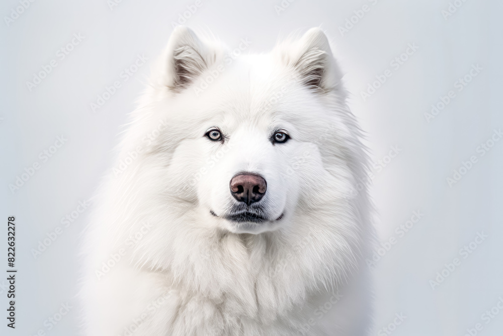 Samoyed in studio setting against white backdrop, showcasing their playful and charming personalities in professional photoshoot. Samoyed in studio setting against white backdrop, showcasing their playful and charming personalities in professional photoshoot.