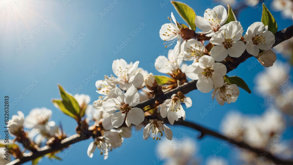 Spring serenity, white blossoms basking in the sunlight against a backdrop of blue sky. Spring serenity, white blossoms basking in the sunlight against a backdrop of blue sky.
