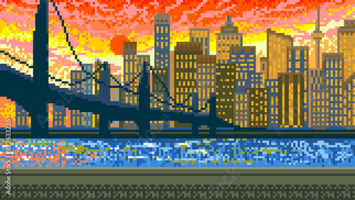Modern city. Bridge and skyscrapers and clouds. Pixel art 8 bit objects. landscape background for the application or a website. Retro game poster. Vintage banner for computer video arcades.