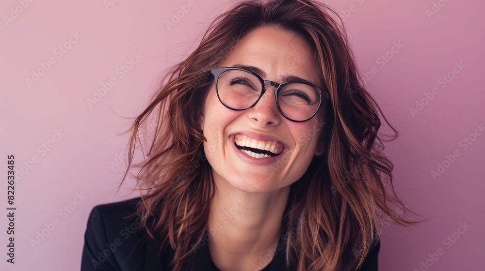 Young happy cheerful professional business woman, happy laughing female office worker wearing glasses looking away, light lila background, 16:9