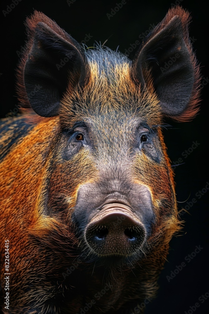 Mystic portrait of Javanese Wild Boar in studio, copy space on right side, Anger, Menacing, Headshot, Close-up View Isolated on black background Mystic portrait of Javanese Wild Boar in studio, copy space on right side, Anger, Menacing, Headshot, Close-up View Isolated on black background