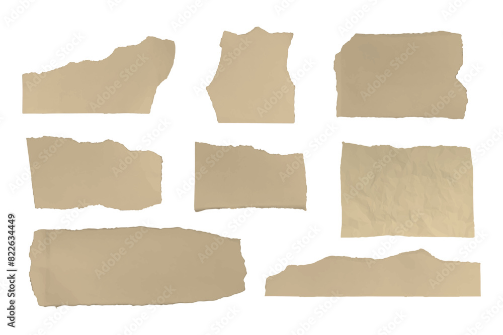 Set of kraft torn paper sheets. Pieces of paper notes parchment design. Vector old paper template.