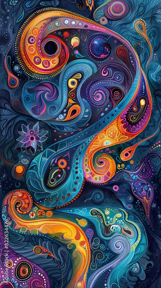 A colorful painting of a spiral with a blue background
