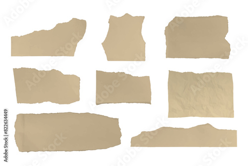 Set of kraft torn paper sheets. Pieces of paper notes parchment design. Vector old paper template.