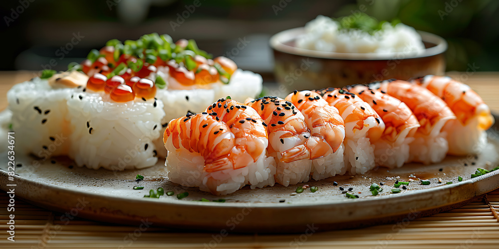 Bright Japanese Feast with Sushi and Prawns Bright Japanese Feast with Sushi and Prawns