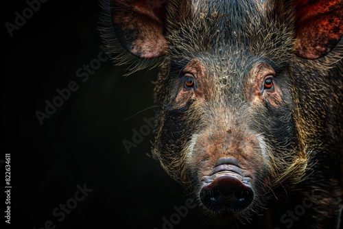 Mystic portrait of Javanese Wild Boar studio, copy space on right side, Anger, Menacing, Headshot, Close-up View Isolated on black background © Tebha Workspace