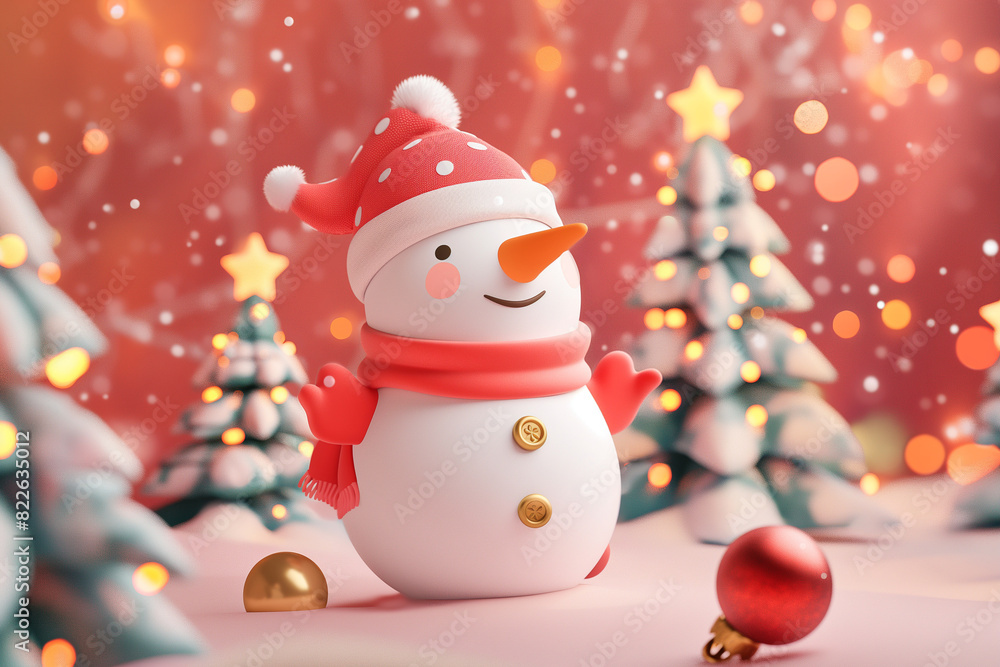 A snowman wearing a red hat and scarf stands in front of a Christmas tree A snowman wearing a red hat and scarf stands in front of a Christmas tree