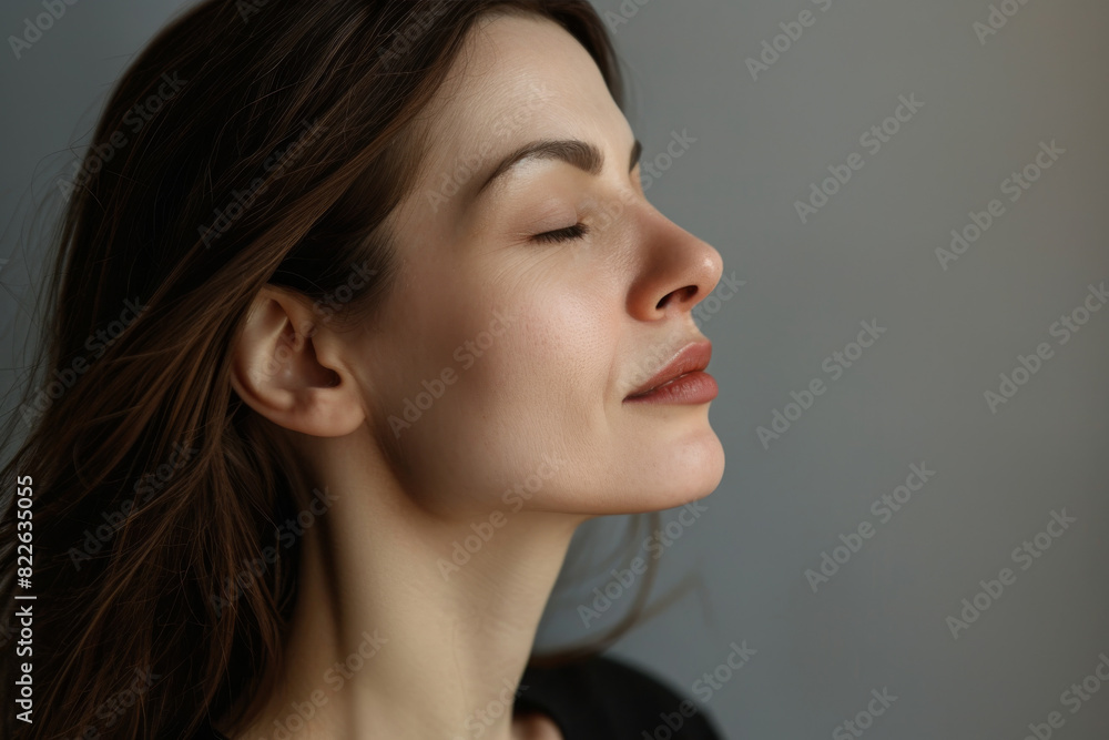 A close up of a woman 's face with her eyes closed A close up of a woman 's face with her eyes closed