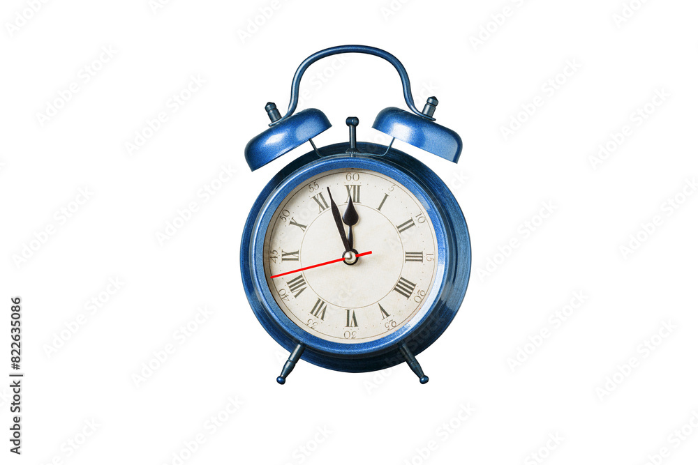 retro clock, pointer clock, blue color alarm clock on isolated white background close up retro clock, pointer clock, blue color alarm clock on isolated white background close up