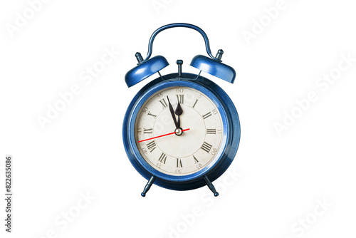 retro clock, pointer clock, blue color alarm clock on isolated white background close up