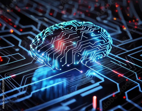 concept of artificial intelligence, biotechnology innovation, and machine learning are interconnected through neural circuits and electronic cyber brains in quantum computing systems. generative ai