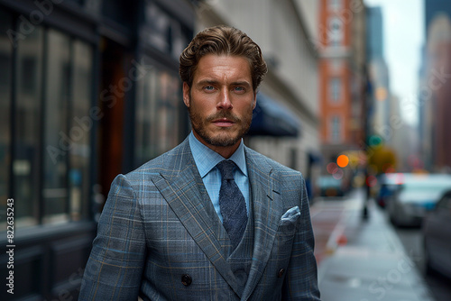 Man in tailored suits stands against a sleek urban backdrop