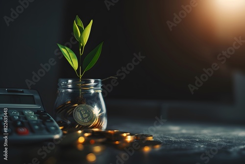 Plant Growing from Coins in Jar with Calculator on Dark Background