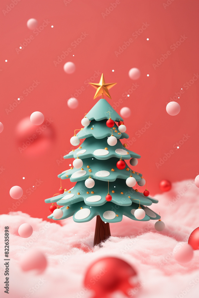A Christmas tree with red and white ornaments is shown in a pink background