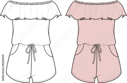 Women's Bardot Frill Detail Playsuit. Technical fashion illustration. Front, white and pink color. Women's CAD mock-up.